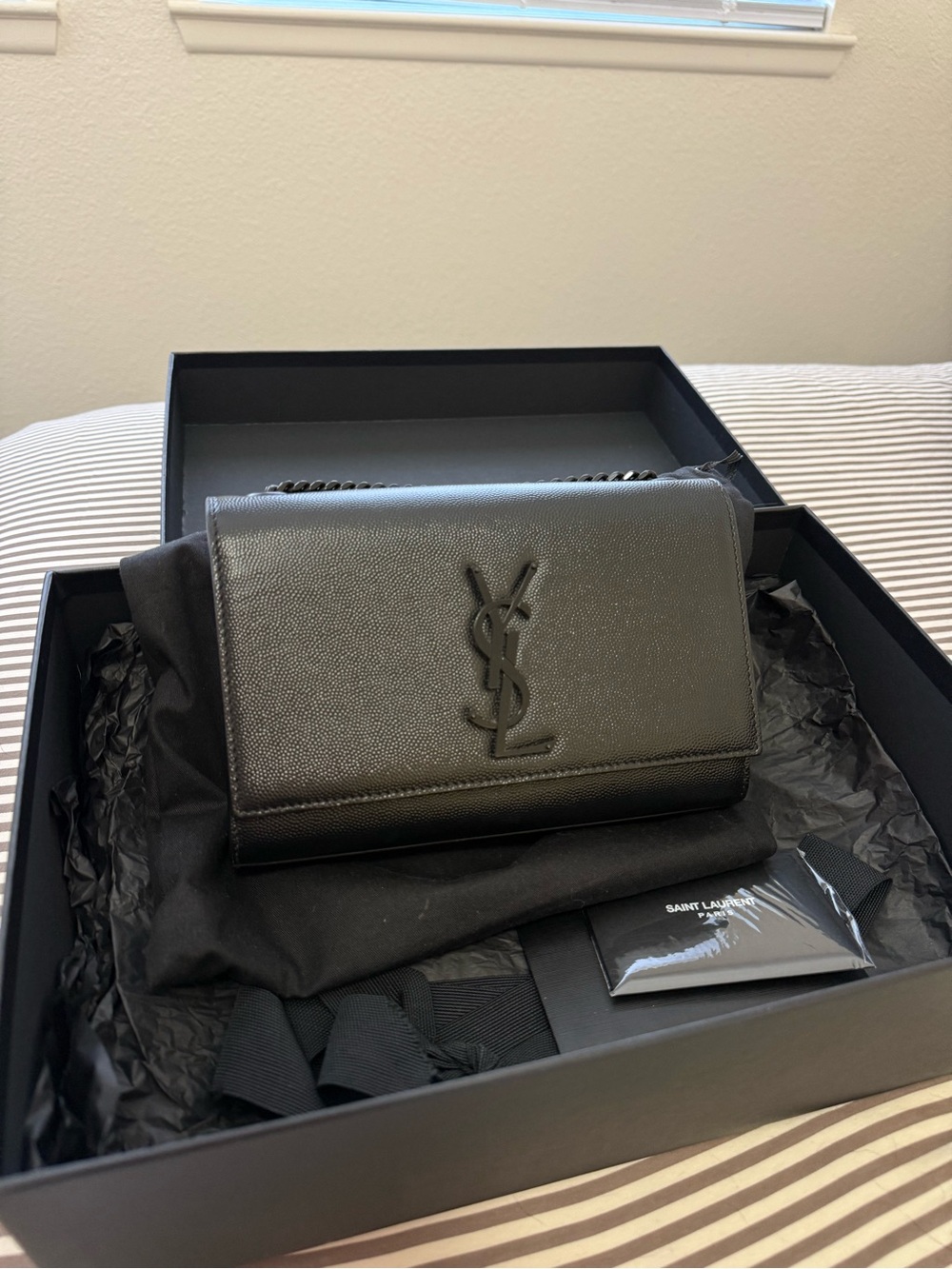 Saint Laurent YSL Kate Black Grainy Leather Logo Purse